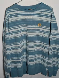 Y2K Striped Volcom Sweater Size Large Embroidered Green White Blue - Picture 1 of 6
