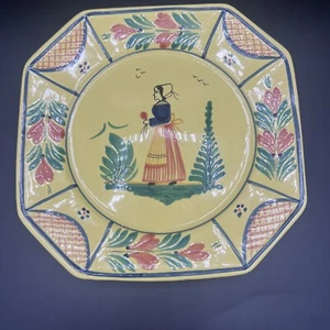 1 QUIMPER Dinner Plate 10" Octagon Woman with Staff France Excellent! - Picture 1 of 8
