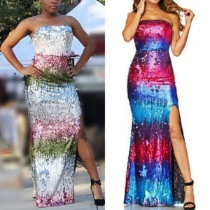 Elegant Sequin Evening Gown Pink Silver Maxi Dress - Picture 1 of 3