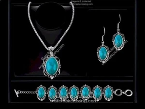 Navajo-Inspired 3-Pc Jewelry Set: Dark Turquoise Necklace, Earrings, Bracelet - Picture 1 of 22