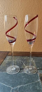 Pier 1 SWIRLINE RED Champagne Goblets Glasses 9 7/8" Set of 2 - Picture 1 of 2