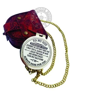Shiny Brass Compass With Leather Case Gift To My Son Nautical Gift For Son From - Picture 1 of 7