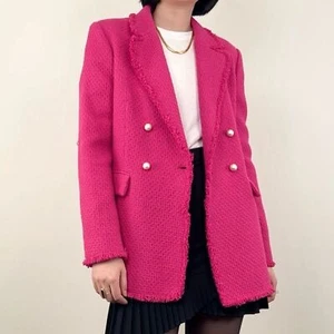 Mango Bright Pink Tweed Double Breasted Blazer - Picture 1 of 8