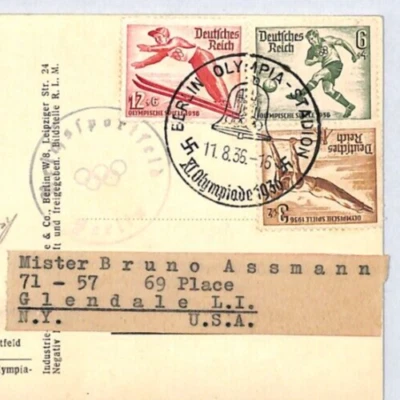 GERMANY Stadium Postcard 1936 *OLYMPIC GAMES* Skiing FOOTBALL Stamp USA YV413 - Image 1 of 4