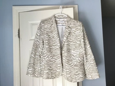 CALVIN KLEIN 动物印花 TAN & 白色亚麻混纺西装外套,尺寸 L,预穿 — 第 1/4 张图片