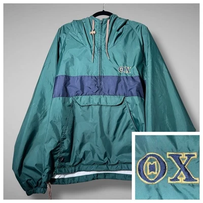 Vintage 90s Charles River Mens XL Green Navy Half Zip Hooded Windbreaker OX Logo - Image 1 of 4