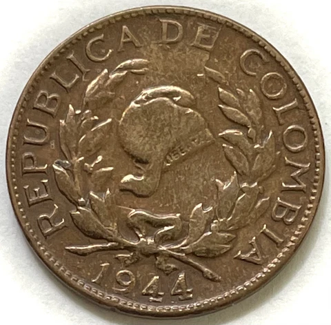 1944 Republic of Colombia 5 Centavos Phrygian Cap Coin Condition AU+ Cover