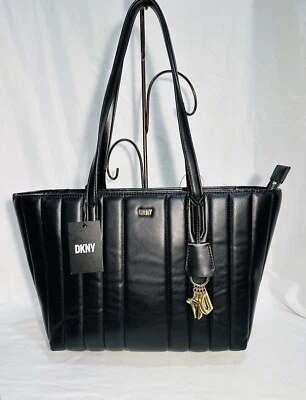 DKNY Lexington Quilted Zip-Top Black Leather Laptop Tote Purse Messenger Bag - Image 1 of 4