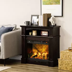 32" Electric Fireplace with Mantel & Storage Shelf Space Heater w/Remote Control - Picture 1 of 7