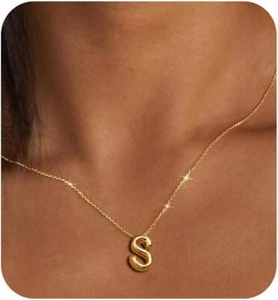 Gold "S" Initialen Halsketten für Frauen Teens Geschenke Trendy Blase Buchstabe Anhänger - Bild 1 von 6