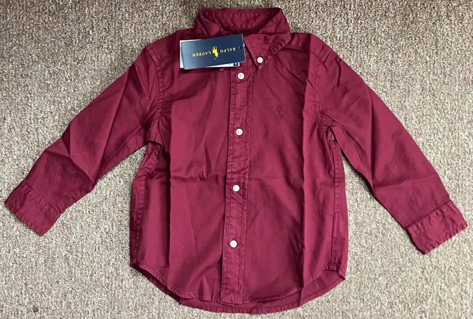 NWT Ralph Lauren Polo Button Up Shirt, Kids, Burgundy Red, Various Sizes - Image 1 of 3