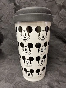 Disney Mickey Mouse Travel Coffee Cup Mug Tall White 12 oz w/Lid Ceramic Faces - Picture 1 of 6