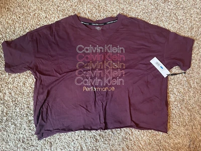CALVIN KLEIN PERFORMANCE Women's Multi Logo T-Shirt Garnet MSRP $39.50 XL Xlarge - Image 1 of 4