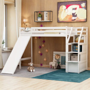 Twin Size Wood Loft Bed with Storage and Slide