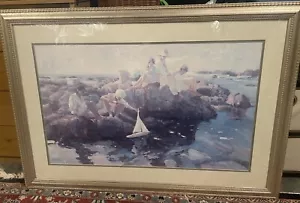 Pastel Seascape matted and framed subject, children on beach - Picture 1 of 6