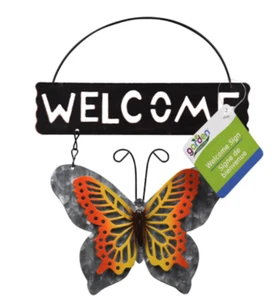 HOME GARDEN POOL YARD PATIO - BUTTERFLY WELCOME SIGN - YELLOW METAL 10" L - NEW - Picture 1 of 2