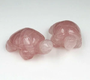 Pair 2 inch Rose Powder crystal Stone Craving Lucky tortoise Feng Shui statue - Picture 1 of 1