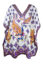 Womens Boho Short Caftan Dress Hippy Kaftan , Blue white Paisley Beach L-2XL