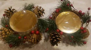 Christmas Candle Holder with Pine Cones and Holly berries Set of 2 - Picture 1 of 2