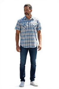 Lucky Brand Herren XL kurzärmliges blau weiß kariertes Hemd mit Druckknopfleiste - Bild 1 von 10