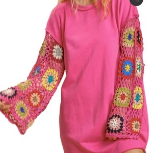 Umgee Pink Dress with Colorful Crochet Sleeves Terry Cloth Dress - Picture 1 of 7