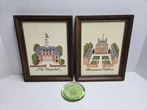 Vintage Cross Stitch Framed Colonial Williamsburg VA Glass Jamestown Paperweigt - Picture 1 of 9