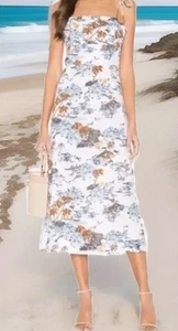 Free People Womens Beach Party Midi Dress Neutral Linen Boho Open Back Size 2 - Picture 1 of 12