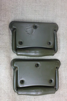 2 Old Tool Box Drop Handles Steamer Chest Army Green Footlocker 1960 Light Rust - Image 1 of 4
