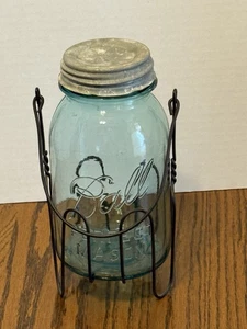 Vtg #13 Blue Ball Perfect Mason Quart Jar 1923-1933 Zinc Milk Glass Lid & Holder - Picture 1 of 9