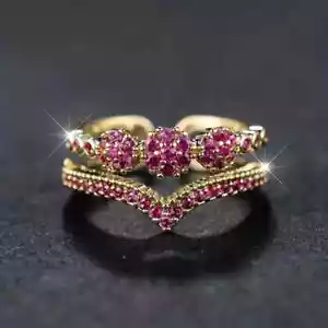 18K Gold Filled Rose Red Zirconia Adjustable Open Ring From M To Size T 1/2 - Picture 1 of 3