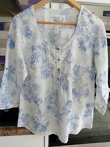 M&S Linen Blue White Floral Toile Print 3/4 Sleeve Lightwight Blouse Top UK 16