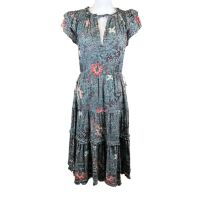 Vestido Ulla Johnson Rema Verde Floral Midi Talla 4 Niveles Manga Volantes Boho Cottage Foto 1 de 4