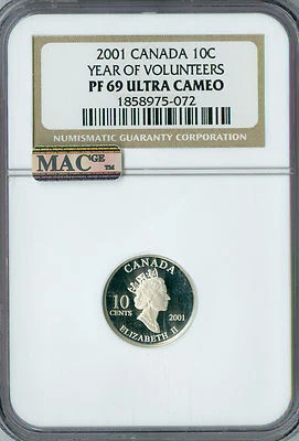 2001 CANADA SILVER 10 CENTS YEAR OF VOLUNTEERS NGC PF69 UCAM MAC SPOTLESS . - Image 1 of 4