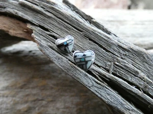 Cute Heart Buffalo Turquoise & Opal Sterling Silver Gemstone Post Earrings O41 - Picture 1 of 8