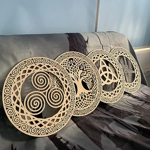 Celtic Symbol Wall Decor 12” Wooden Sacred Geometry 4Pcs Set Tree of Life - Picture 1 of 7
