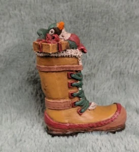 Christmas Holiday Ornament Winter Boot Unmarked Festive Workboot w/ Bird & Gift - Picture 1 of 12