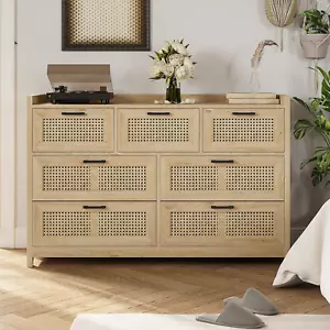 7 Drawer Dresser for Bedroom, Rattan Chest of Drawers with LED Lights, Wood Stor - Picture 1 of 8