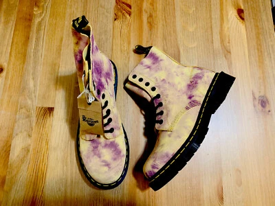 Dr. Martens Паскаль гранж галстук краситель кожи боевые ботинки желтый фиолетовый новый без коробки размер 8 - Изображение 1 из 4