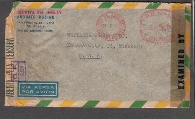 Brazil 1944 WWII multiple censors meter cover Rubino Rio to Kansas City MO - Image 1 of 2