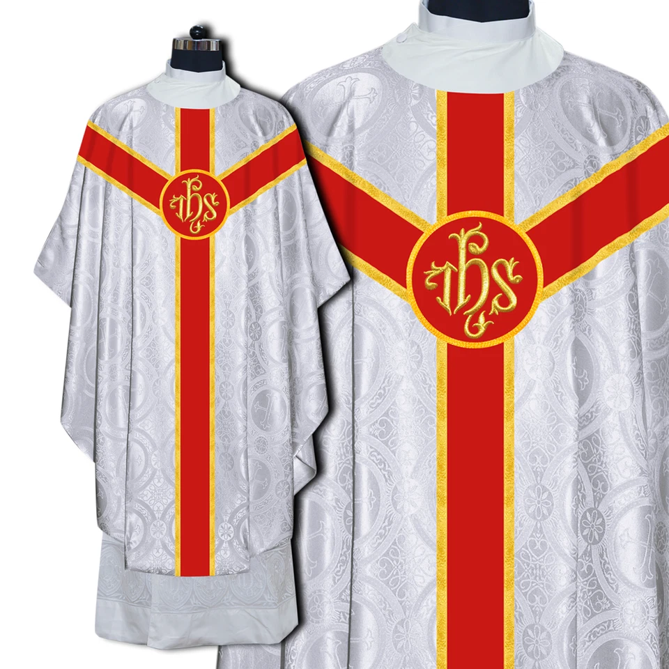 Casulla gótica hecha a mano - Vestimenta litúrgica con orfreya lisa y motivo IHS Foto 1 de 1
