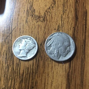 1942 Mercury Dime 90% Silver XF Extra Fine to AU Plus 1937 Buffalo Nickel M017 - Picture 1 of 2