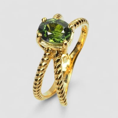 Precious Green Tourmaline Oval 1.08Ct 24K Gold 925 Sterling Silver Rings Size 6 - Image 1 of 4