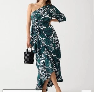 J Crew Collection Dress Size 12 One Shoulder Ruffle Hem Emerald Floral - Picture 1 of 7