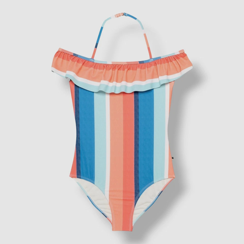 Lucky Brand Girl's Orange Blue Striped Ruffled One-Piece Swimsuit Size L - Image 1 of 1