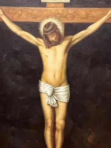 Vecchio dipinto olio cristiano religioso vintage ritratto arte Gesù Cristo crocifisso - Foto 1 di 14