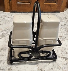 Longaberger Woven Traditions Ivory Salt & Pepper Shakers W/Iron Holder - Picture 1 of 6