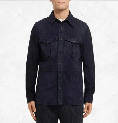 Navy Blue Leather Shirt jacket for Men Pure Suede Custom Made Size S M L XL- 288 - Image 1 of 4