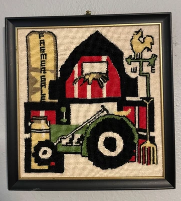Vintage 1979 Farm Needlepoint Art Barn Tractor Weather Vane Framed Folk Texas - Image 1 of 4