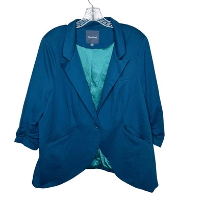 ModCloth Teal Ruched Sleeve Blazer Jacket 3X Stretch Lined Single Button Plus - Image 1 of 4