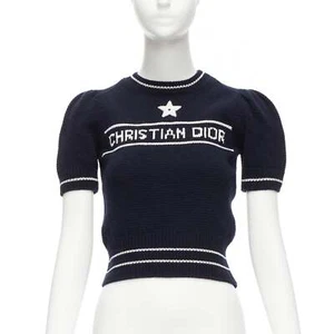 CHRISTIAN DIOR 2022 100% cashmere navy puff sleeve crew crop sweater FR34 XXS - Picture 1 of 9